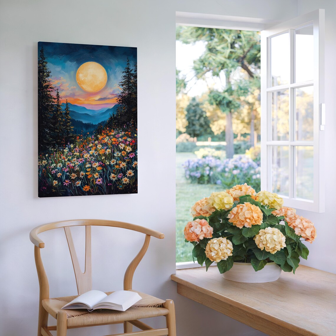 Wildflower Meadow At Full Moon, Nature Landscape - Image 7