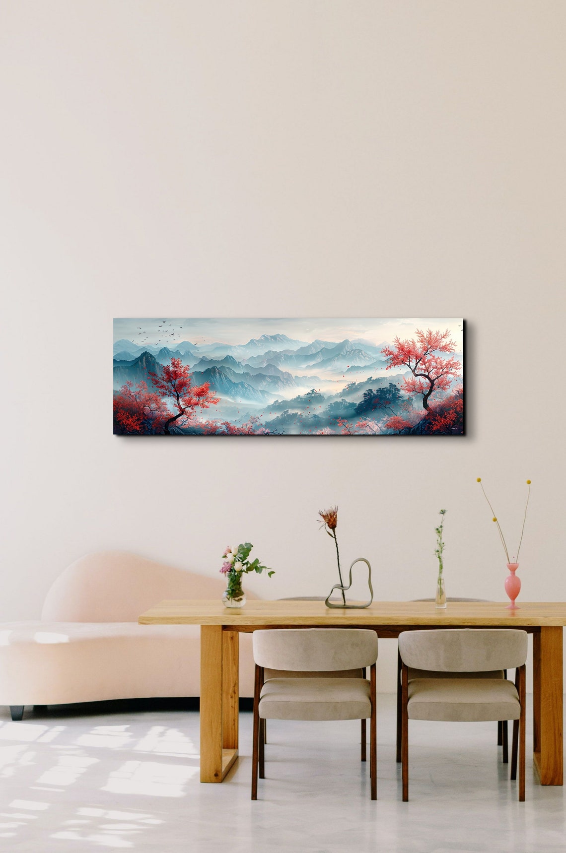 Red Leaf Trees in a Misty Blue Asian Mountain Landscape Poster - Image 7