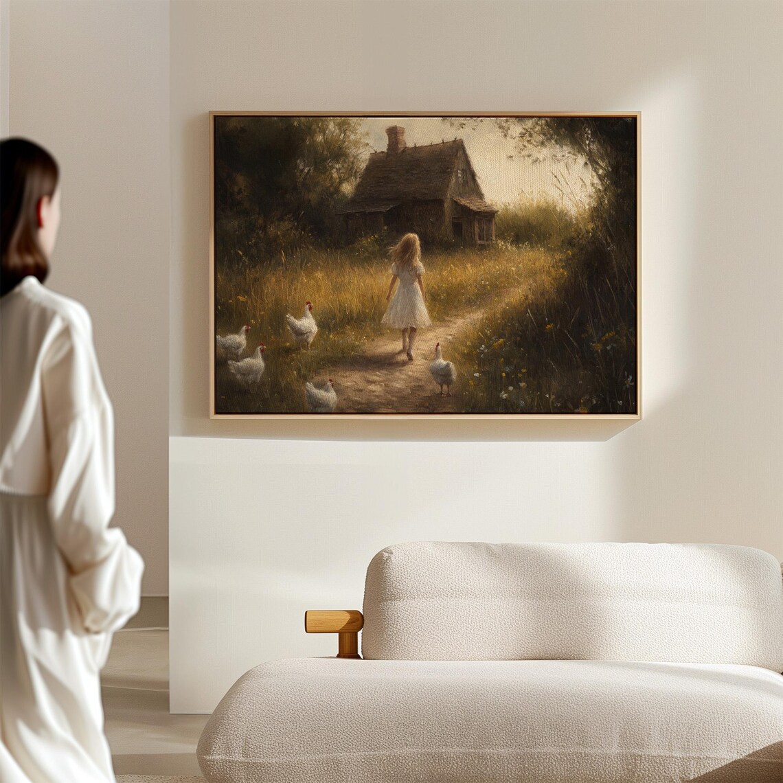 Girl in White Dress Walking with Chickens at Dusk Moody Farm Poster - Image 7