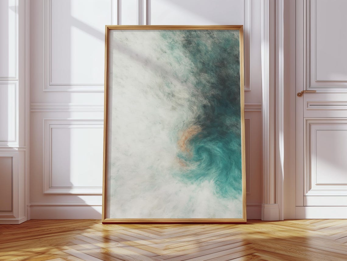 Abstract Ocean Swirl in Teal and White Soft Brush Texture Wall Poster