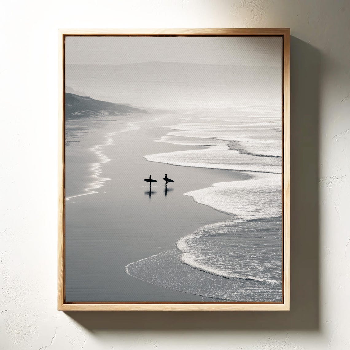 Silhouetted Surfers Walking Misty Shoreline Black And White Wall Art