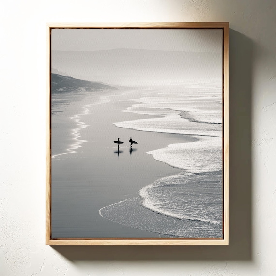 Silhouetted Surfers Walking Misty Shoreline Black And White Wall Art