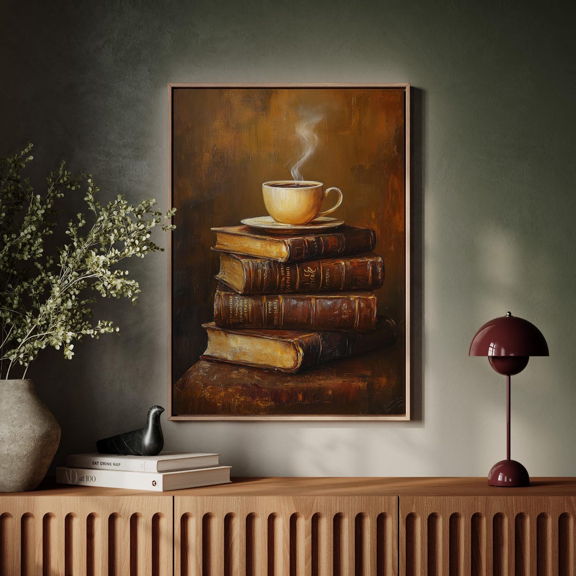 Cozy Coffee Cup On Vintage Books Warm Tones Rustic Still Life Poster - Image 6