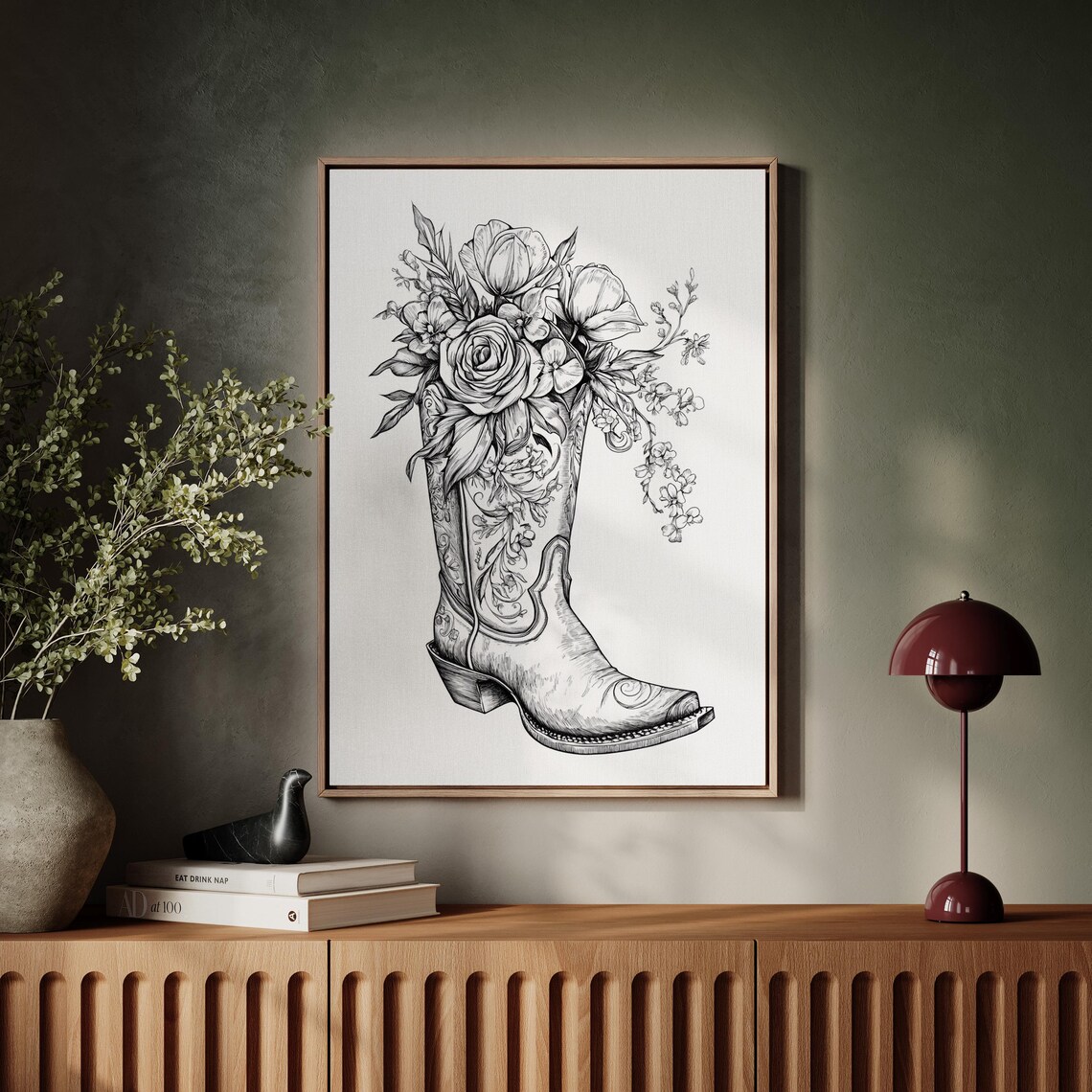 Cowboy Boot Filled With Roses And Tulips Black Ink Western Poster - Image 5