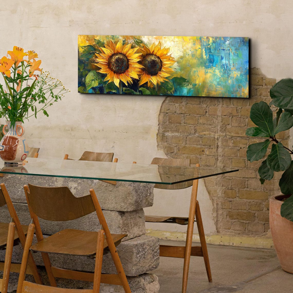 Bold Sunflower Duo Golden Impasto Palette Knife Panoramic Art Poster - Image 5