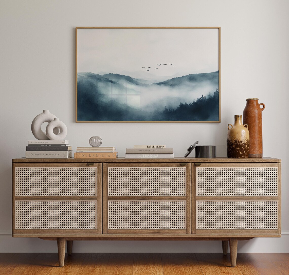 Misty Mountain Landscape With Flying Birds, Watercolor - Image 5