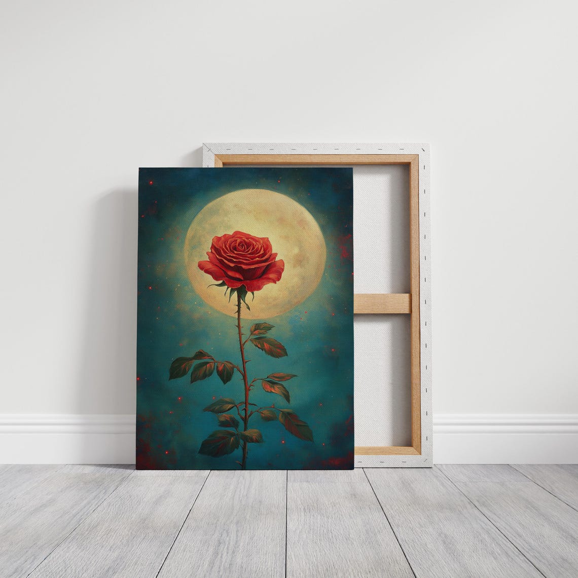 Red Rose Stem Golden Full Moon Teal Night Celestial Bloom Poster - Image 3