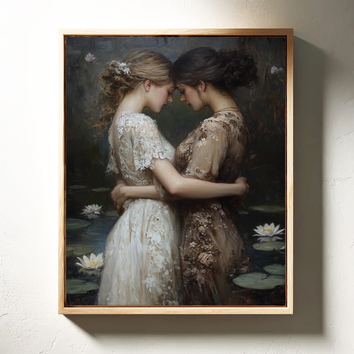 Romantic Embrace Two Women in Lace Dresses Water Lily Pond Art Poster - Image 2