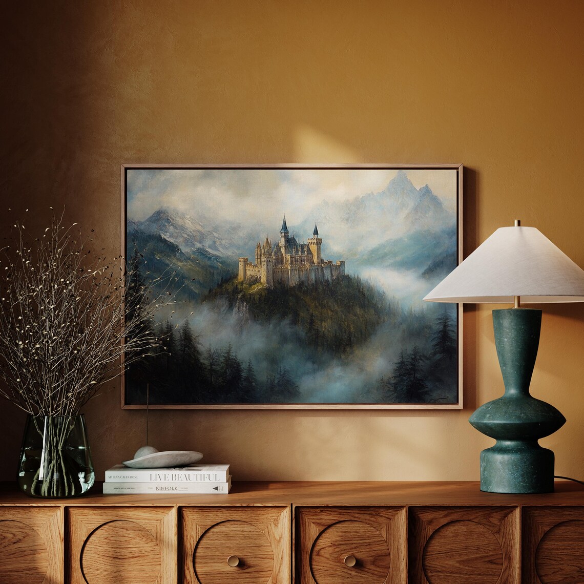 Fairytale Castle Above Foggy Mountains with Pine Forest Fantasy Poster - Image 4