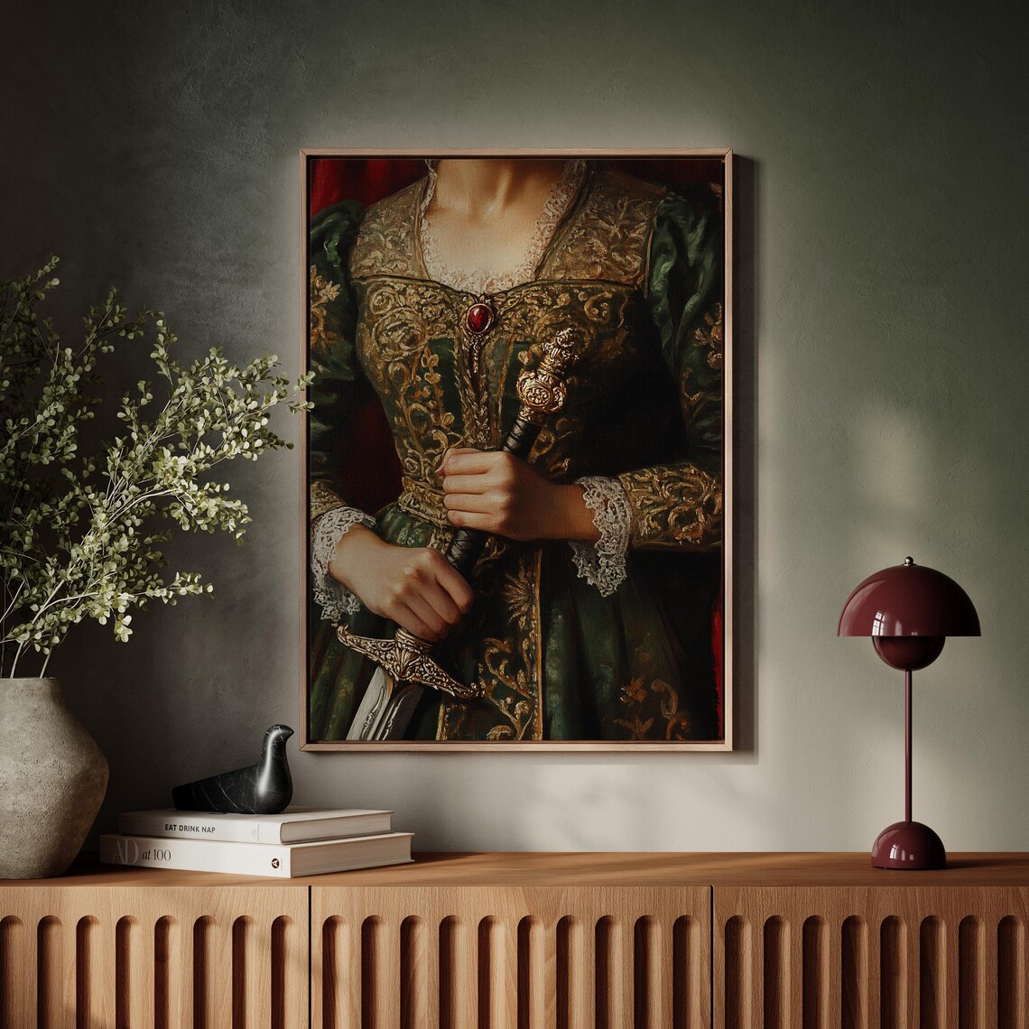 Regal Noblewoman in Green Brocade Gown Holding Ornate Sword Art Poster - Image 3