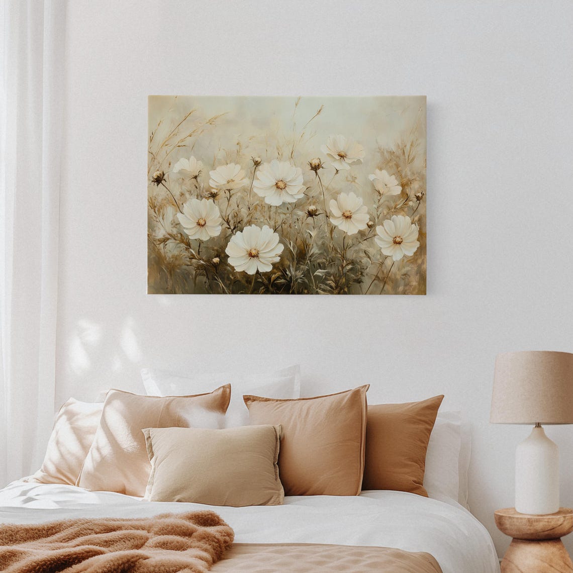 White Cosmos Blossoms Swaying Softly in a Golden Field Poster