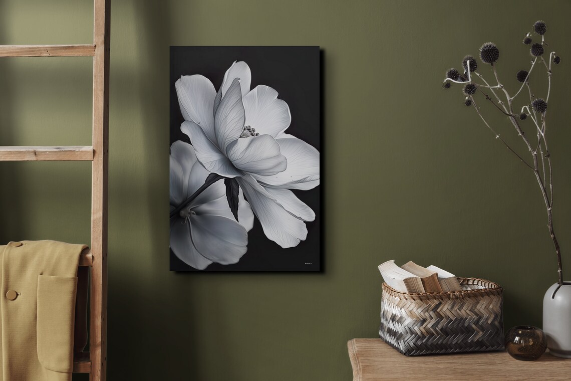 White Flowers Black Background Art Print - Image 5