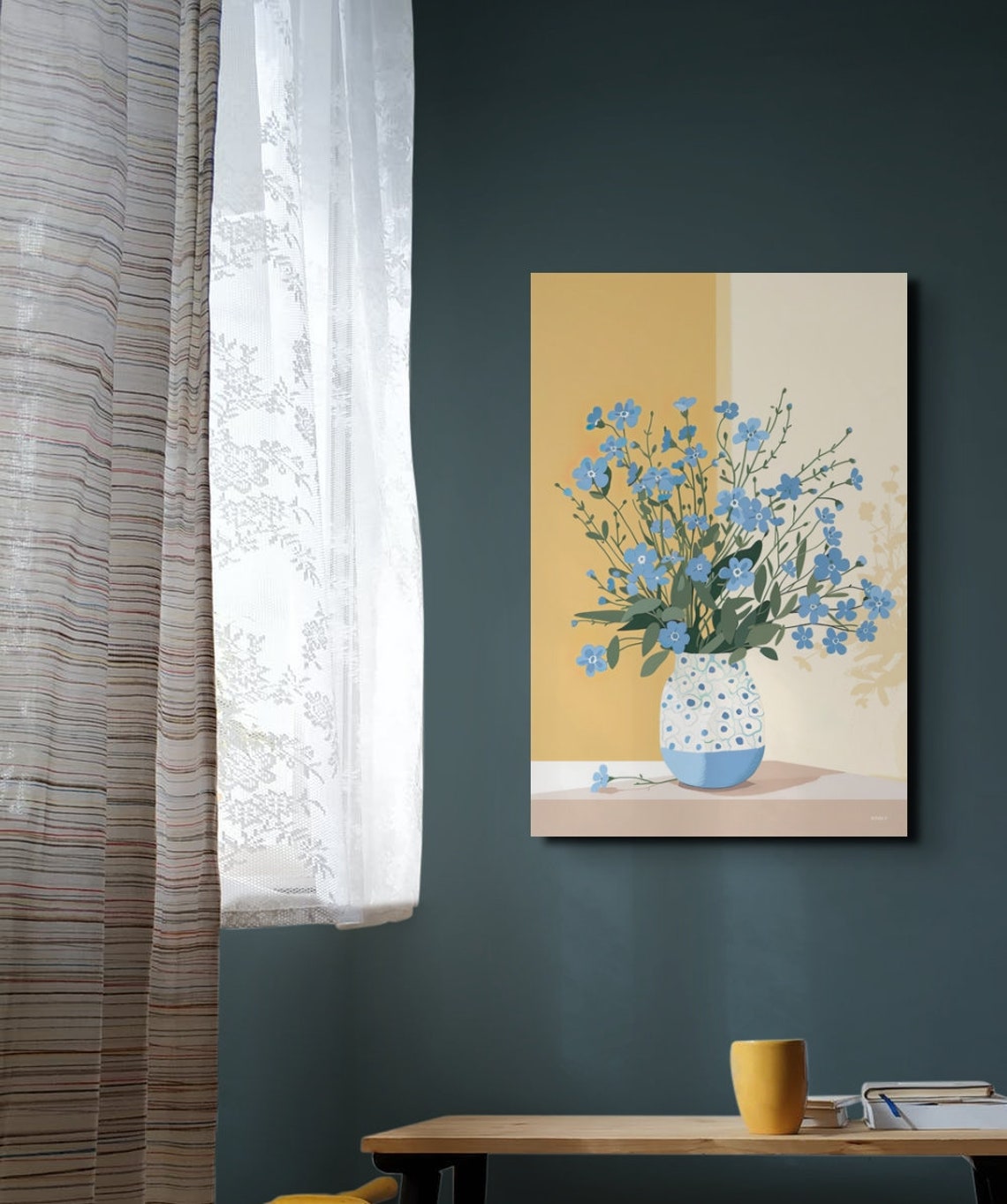 Blue Wildflowers in Patterned Vase Mustard Modern Floral Poster - Image 6