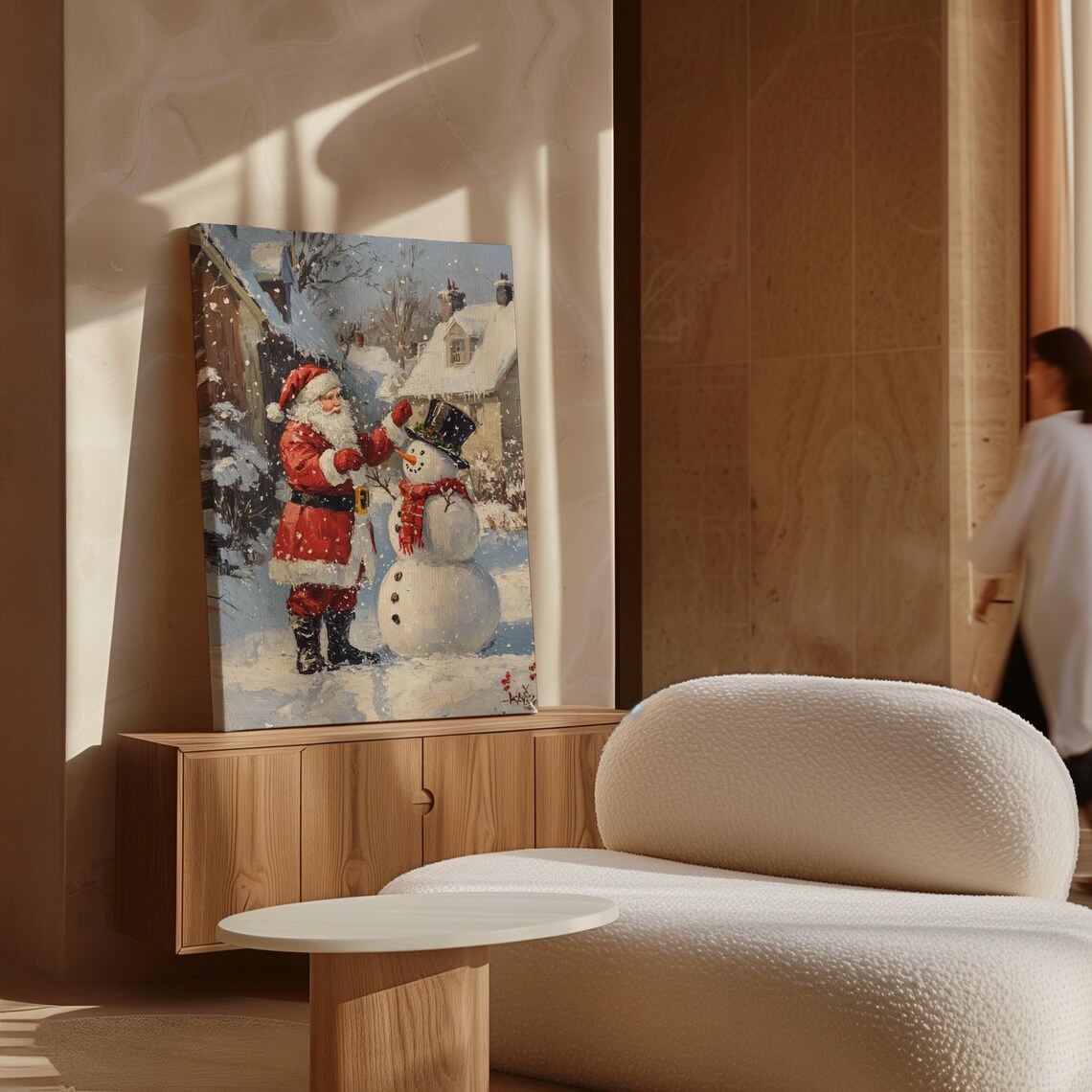 Vintage Santa Claus Building Snowman Snowy Village Oil Painting Poster - Image 7