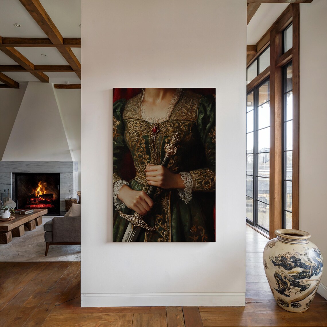 Regal Noblewoman in Green Brocade Gown Holding Ornate Sword Art Poster