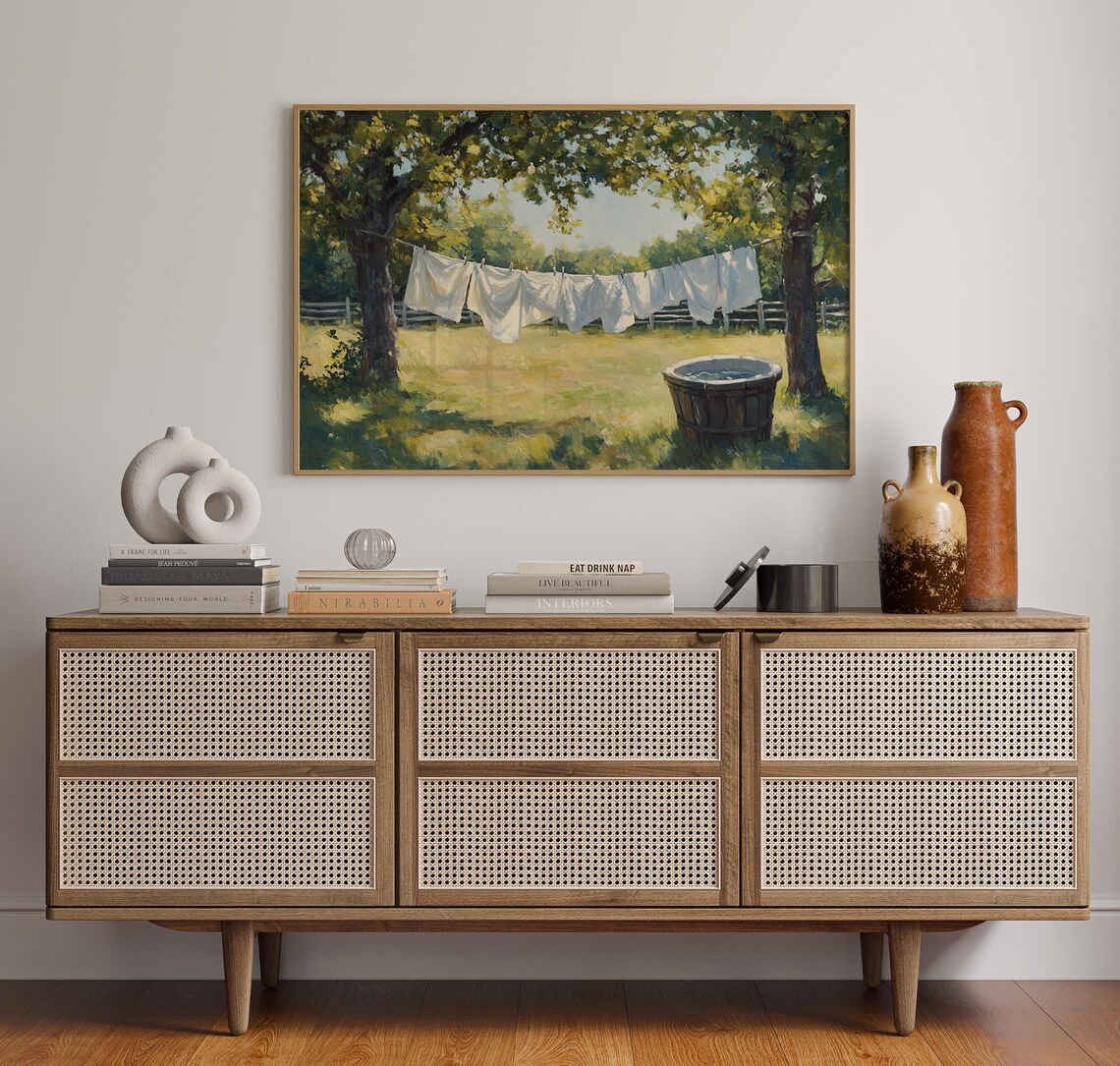 Country Clothesline Vintage Oil Painting, Art Print - Image 3
