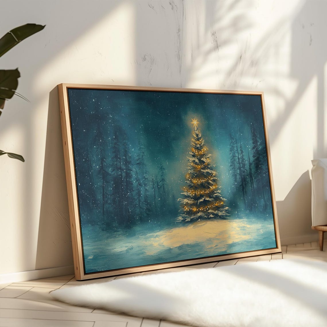 Glowing Christmas Tree in Snowy Blue Night Forest Scene Wall Art