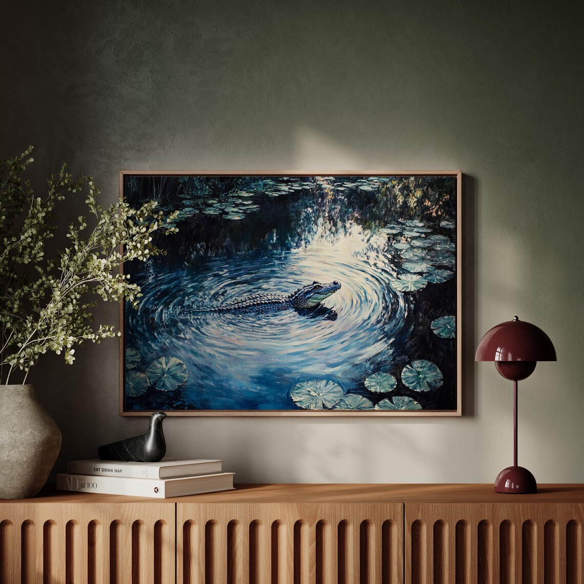 Alligator Swimming in Moonlit Lily Pond Dark Blue Swamp Poster - Image 4