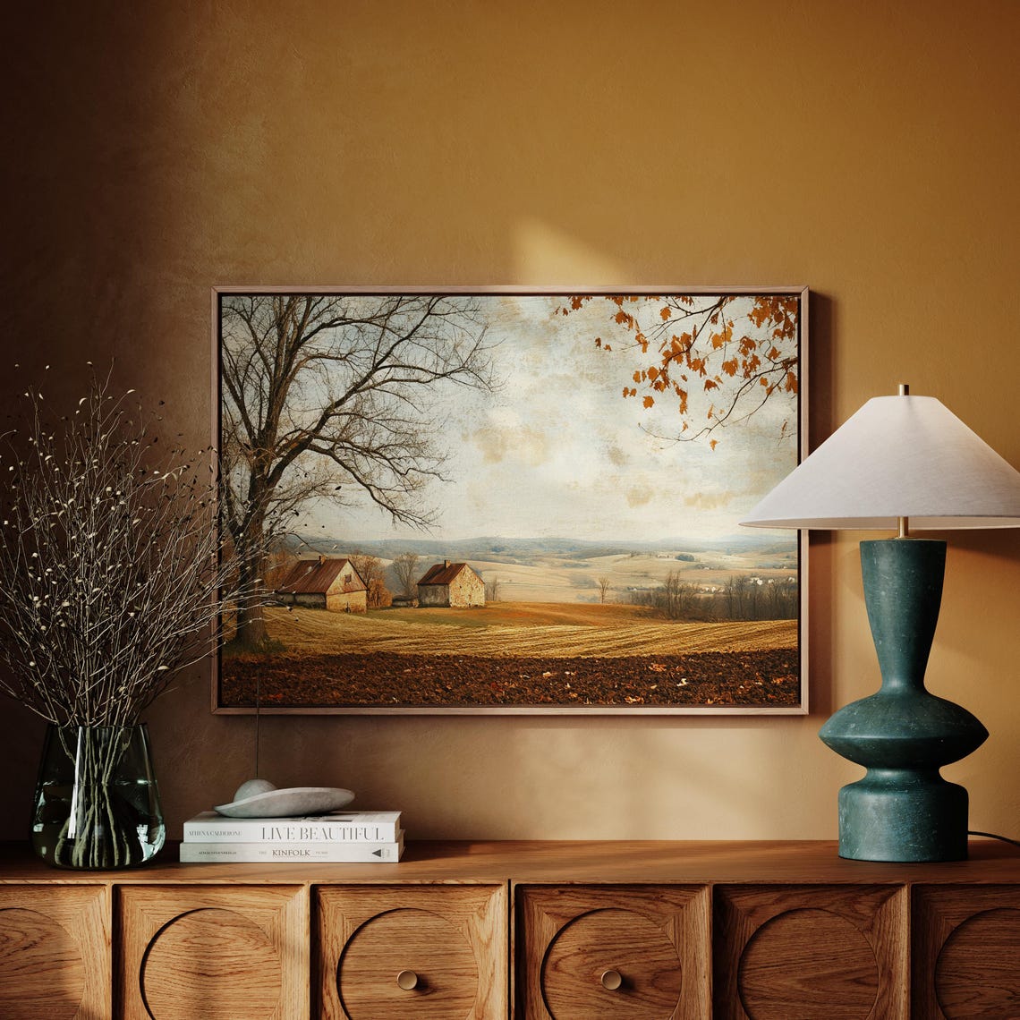 Vintage Farm Barns and Plowed Fields in the Countryside Poster