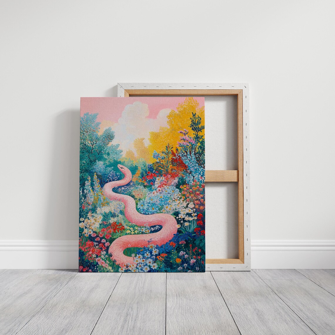 Pink Snake In Wildflower Garden Colorful Nature Scene Poster - Image 3