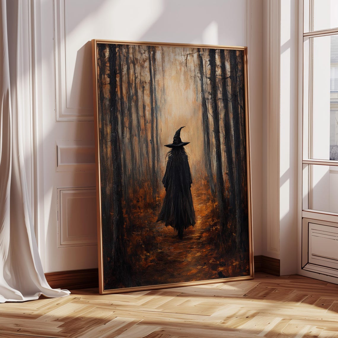 Witch Walking Through Dark Autumn Forest Gothic Halloween Poster
