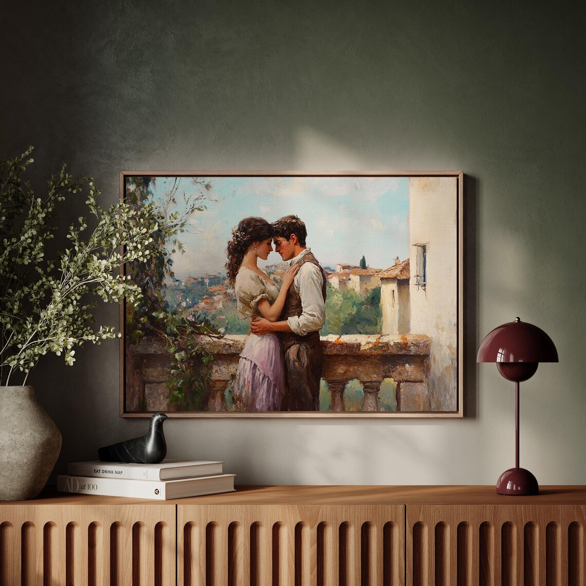 Young Couple Embracing On Balcony Overlooking Italian Town Wall Art - Image 4