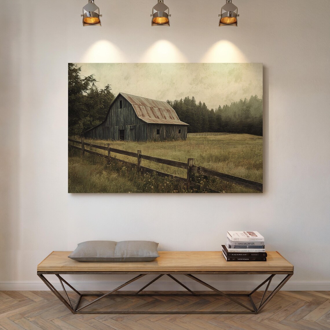 Rustic Blue Barn Vintage Rural Landscape Art Print - Image 4