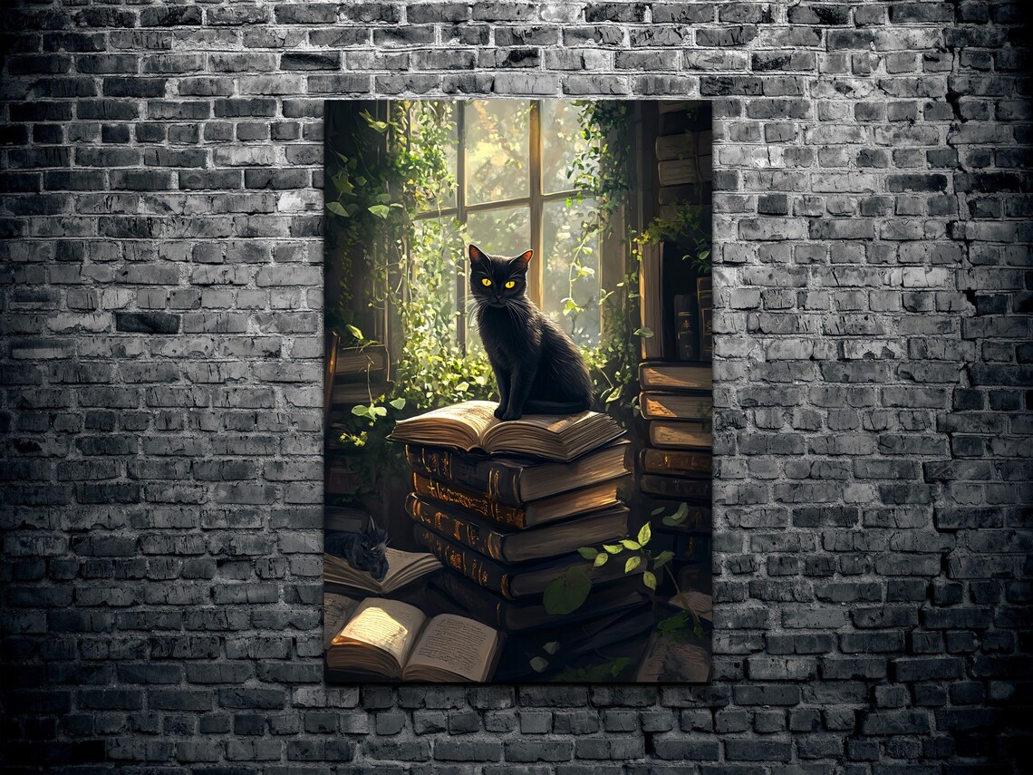 Black Cat with Golden Eyes on Stack of Old Books Window Poster - Image 2