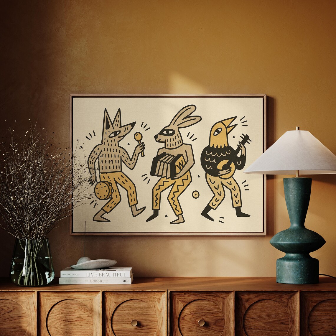 Whimsical Animal Band Coyote Rabbit And Bird Playing Folk Music Poster
