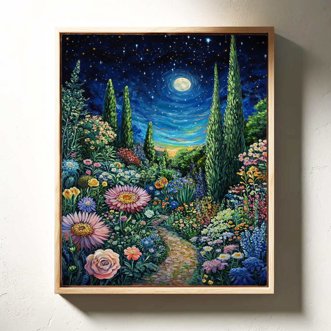 Moonlit Floral Garden Path, Starry Night Landscape - Image 4