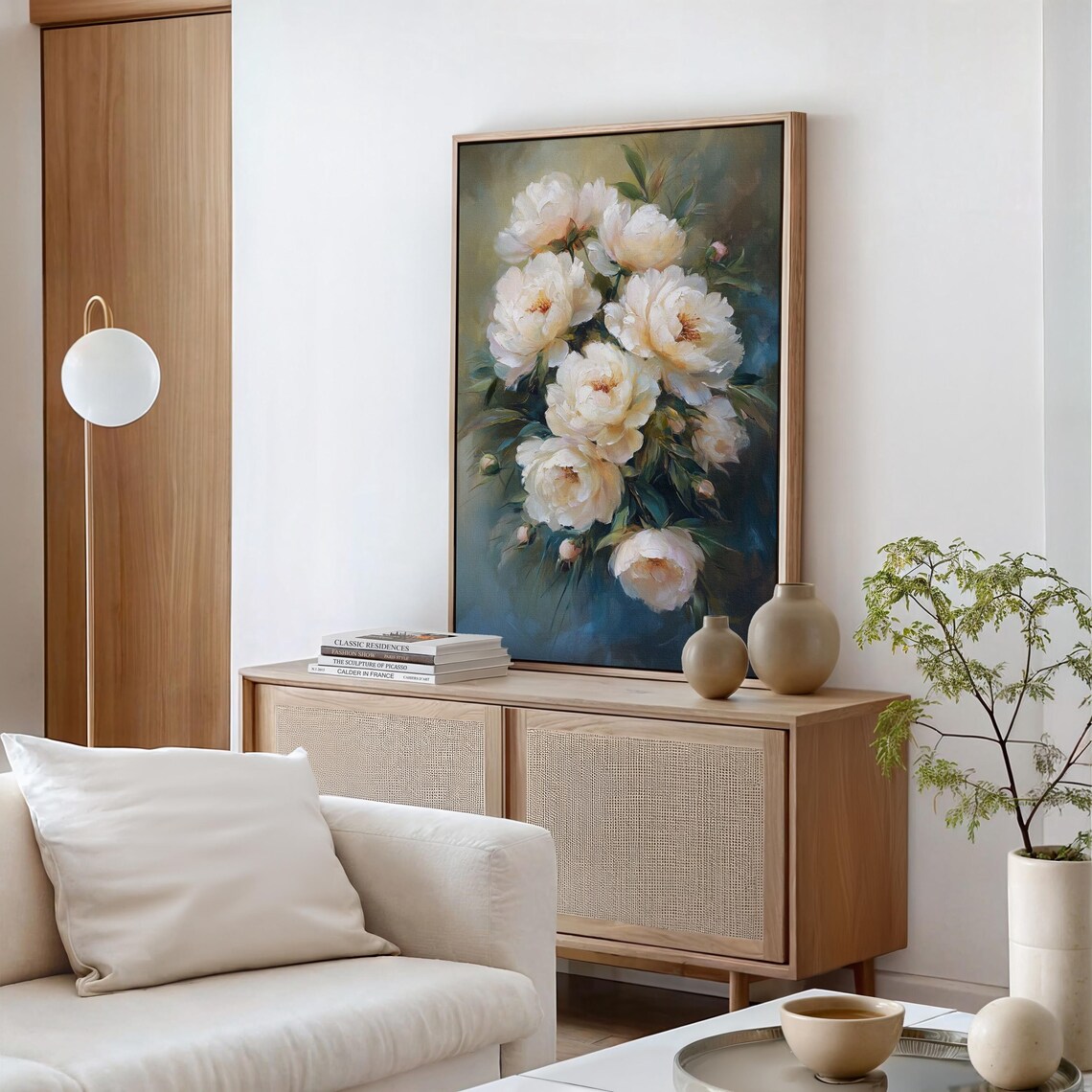 Cream White Peony Bouquet Oil Painting on Teal Floral Poster - Image 2