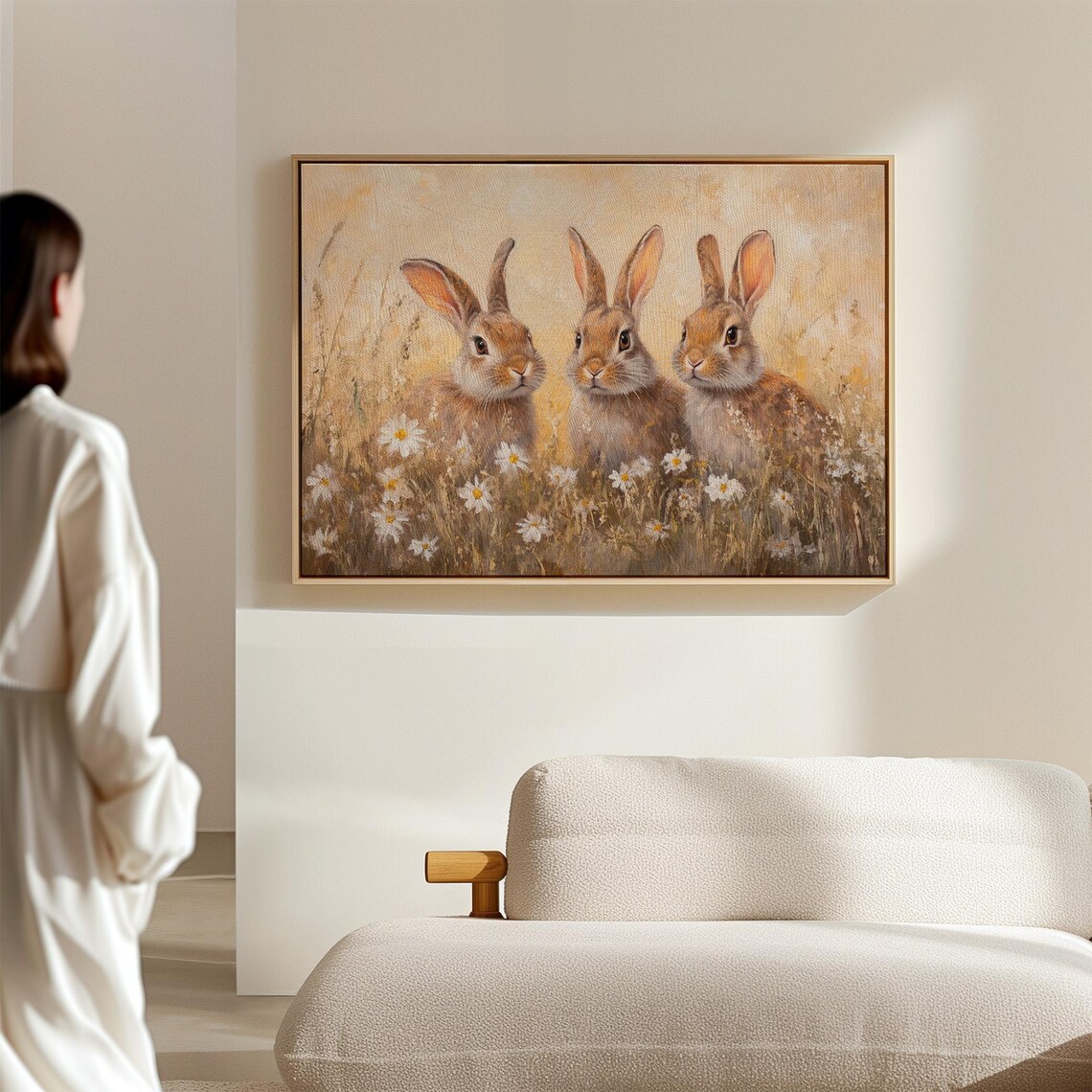 Three Bunnies In Golden Wildflower Meadow Oil Painting Poster - Image 6