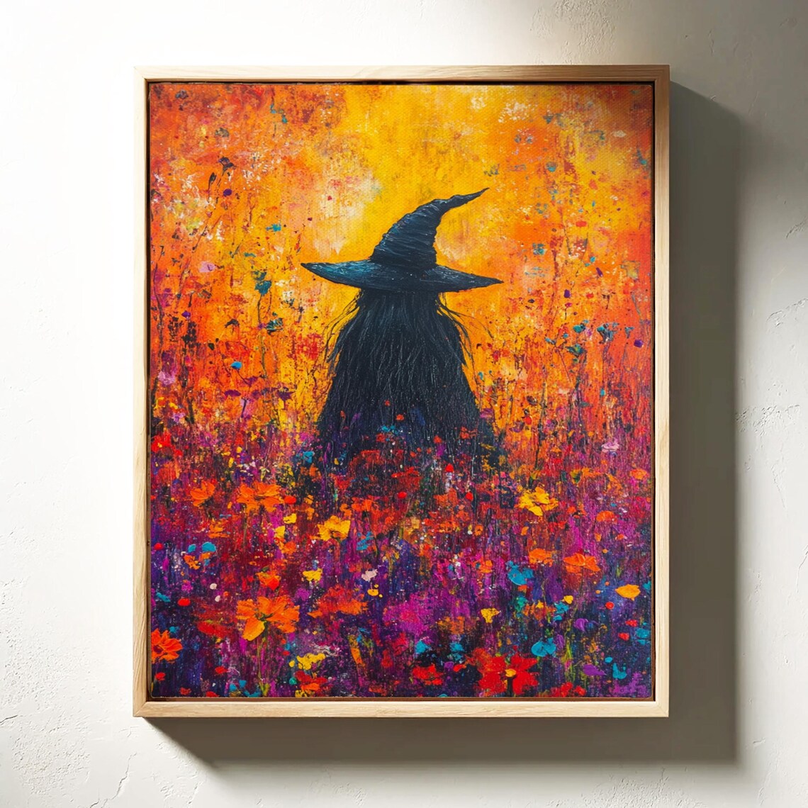 Witch Silhouette Vibrant Floral Field Abstract Halloween Art Poster - Image 6