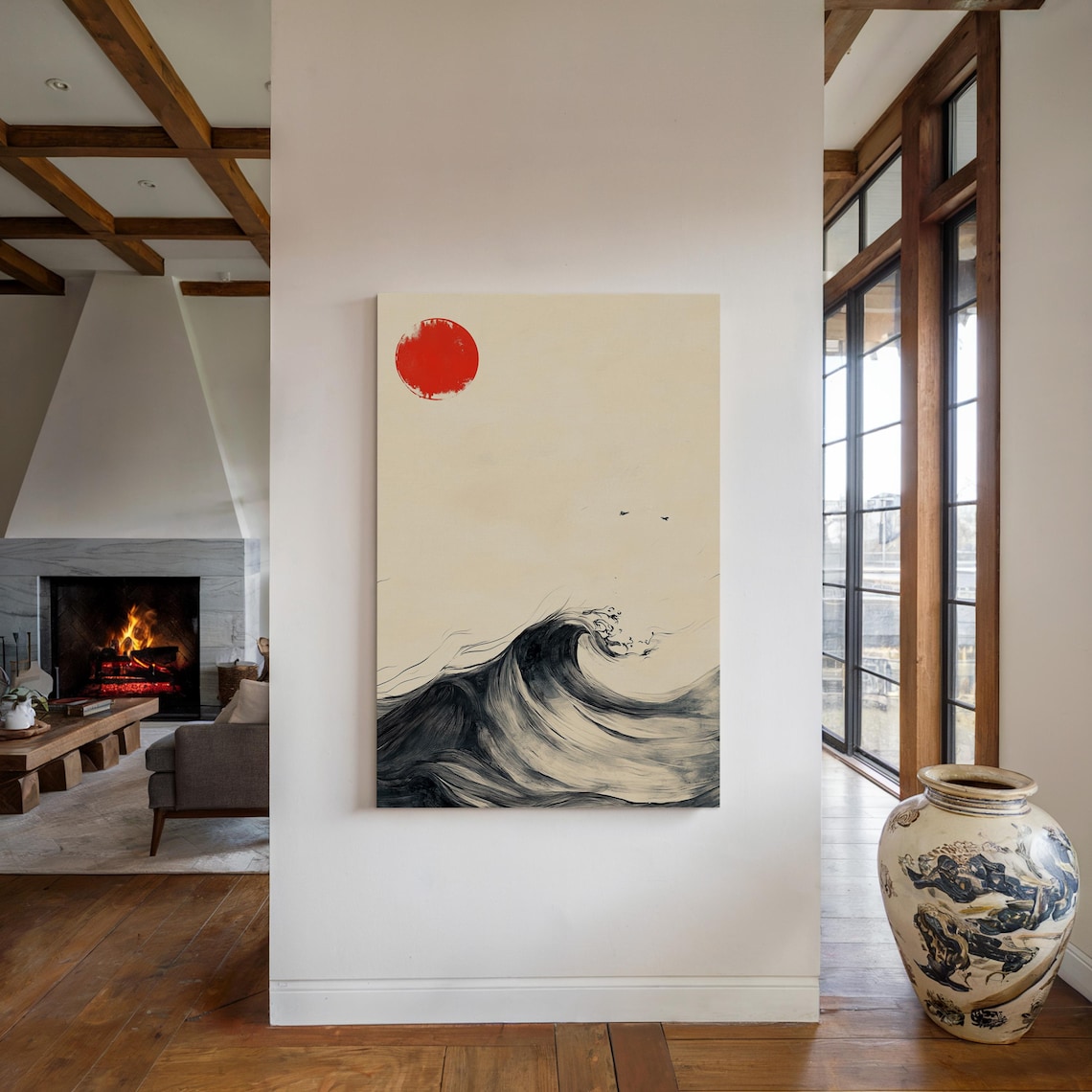 Japanese Red Sun Over Ink Wave Zen Ocean Brush Minimalist Poster - Image 5