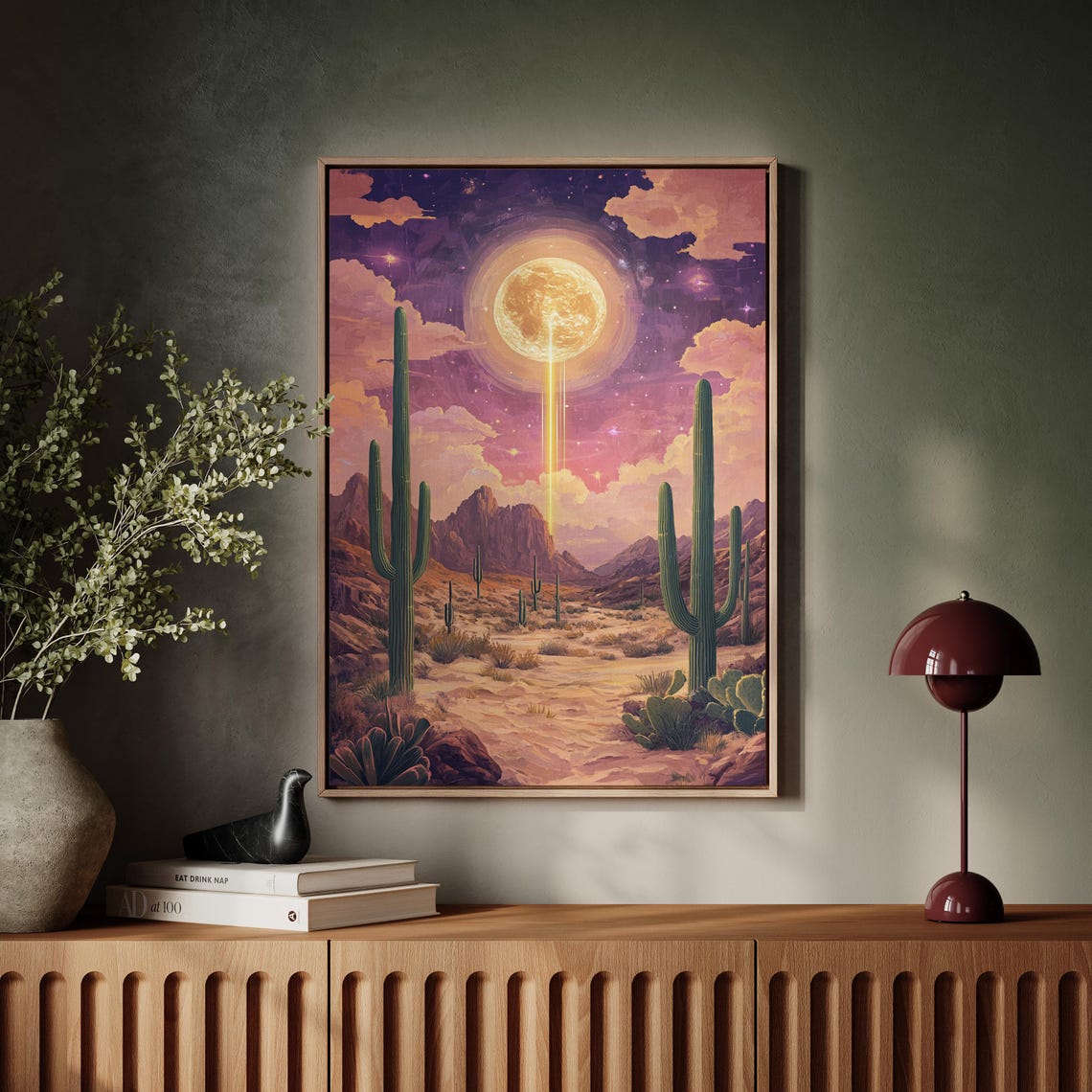 Surreal Cosmic Full Moon Beaming Over Desert Cacti Night Sky Poster - Image 5