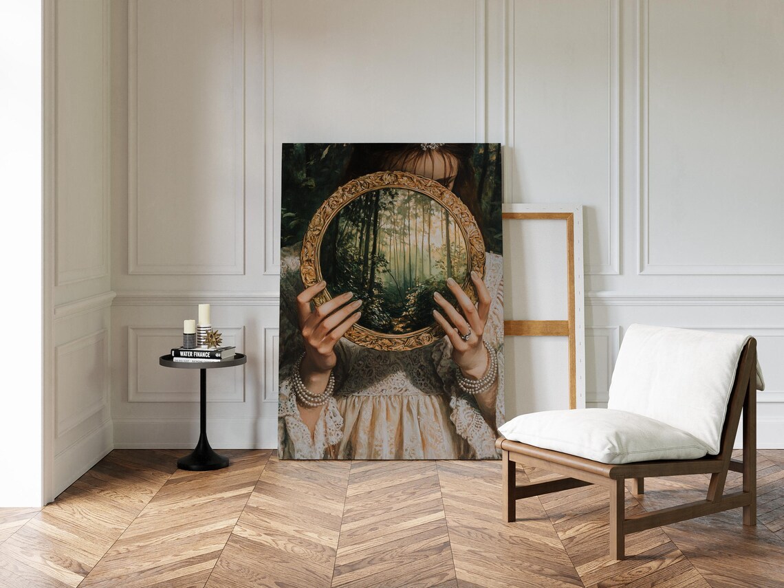 Woman Holding Ornate Gold Mirror Reflecting Sunlit Forest Poster - Image 3