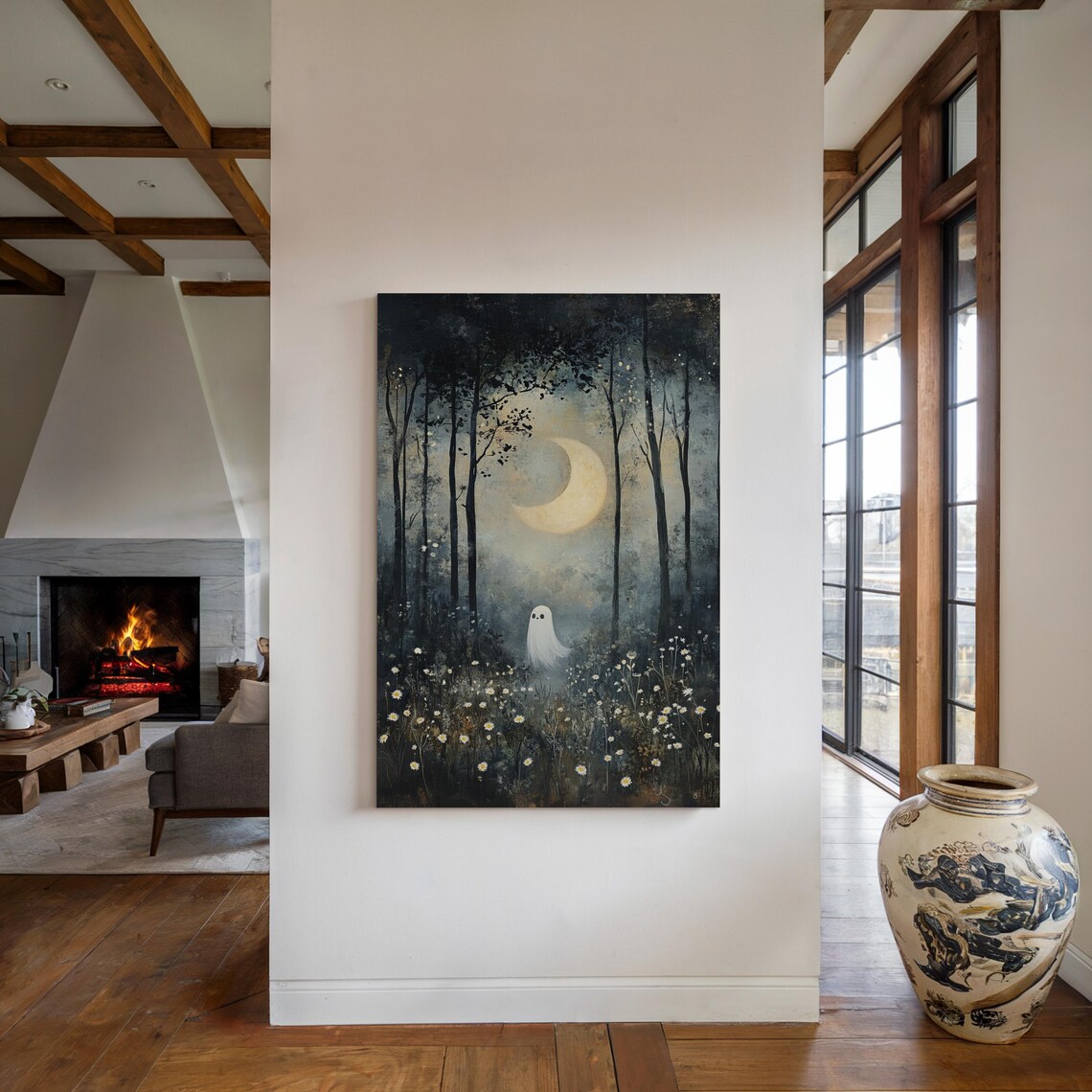 Cute Ghost In Moonlit Forest With Crescent Moon Daisies Halloween Poster - Image 3