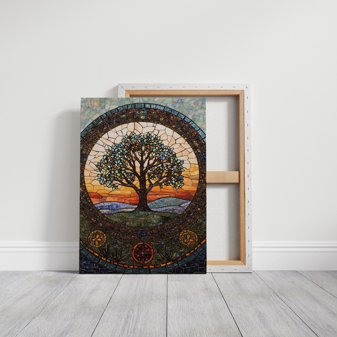 Stained Glass Tree Of Life Mosaic At Orange Sunset With Hills Poster - Image 5