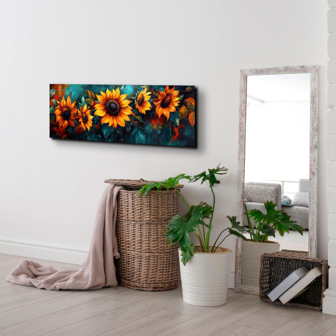 Impressionist Sunflowers Against Dark Teal Painterly Art Poster - Image 5