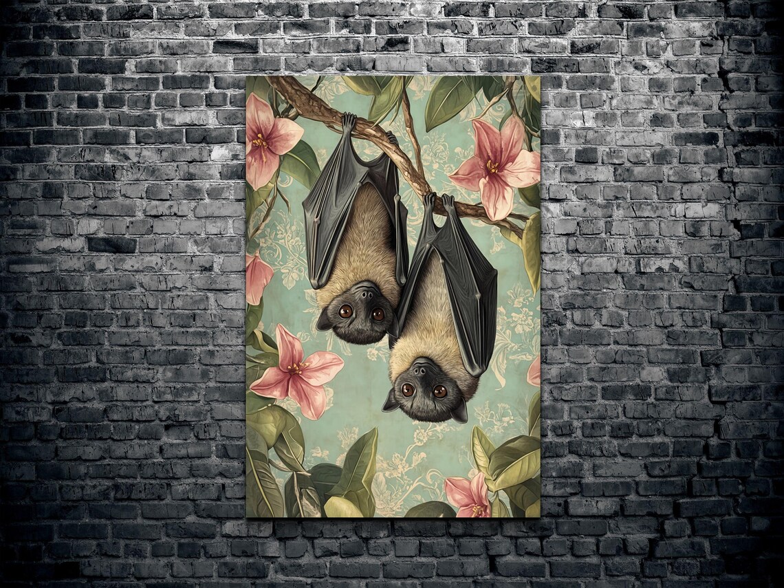 Two Bats Hanging On A Flowering Branch Vintage Botanical Illustration Poster - Image 2