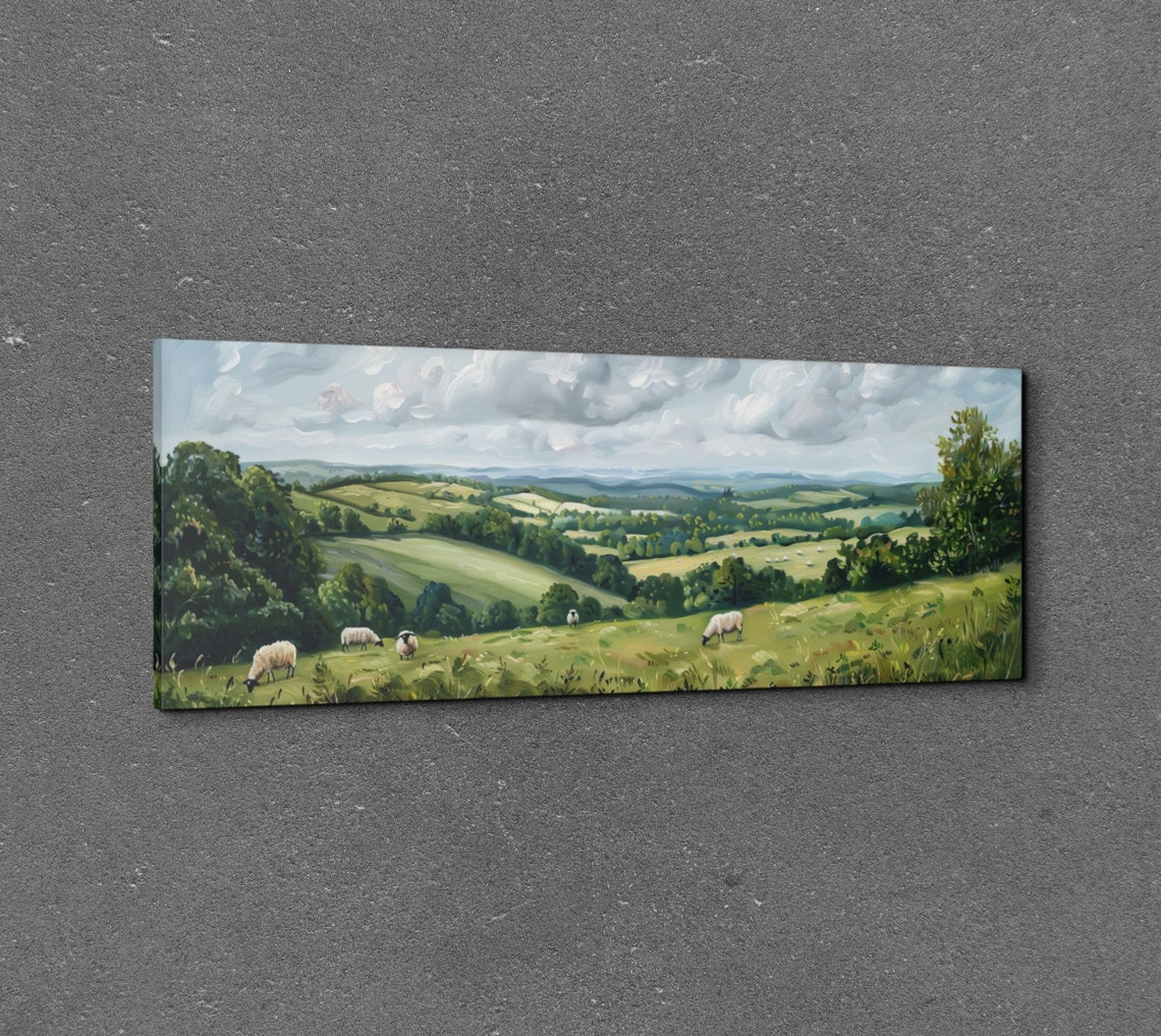 Sheep Grazing in a Lush Meadow Under a Cloudy Sky Panoramic Poster - Image 3