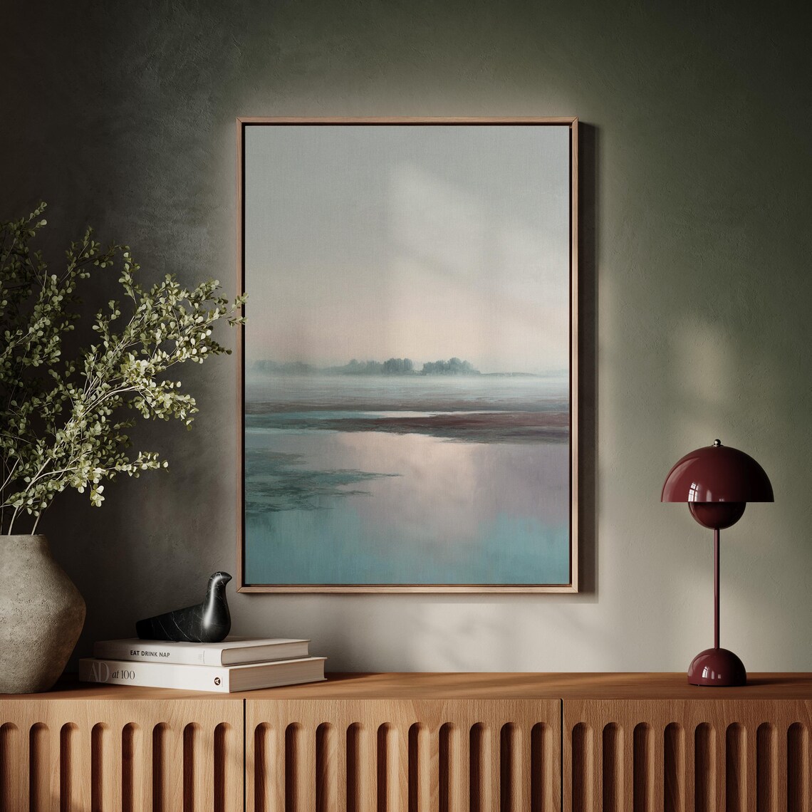 Calm Misty Pastel Landscape With Soft Teal And Blush Horizon Art Poster