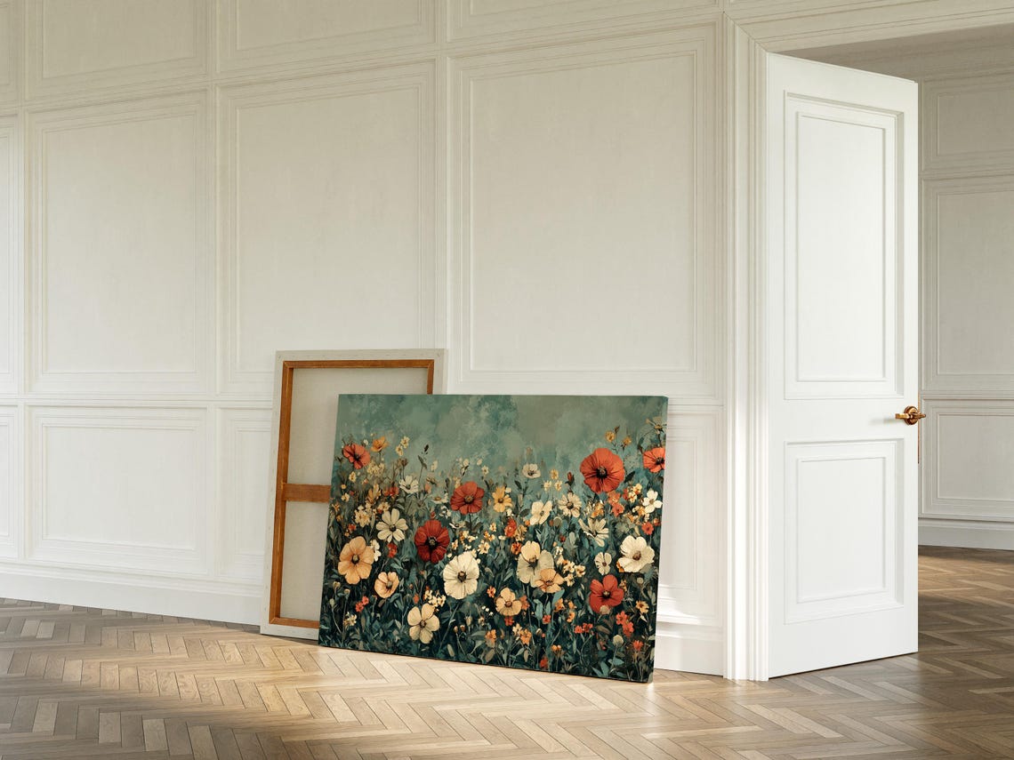 Wildflower Field Red Poppies And White Cosmos On Teal Vintage Wall Art - Image 5