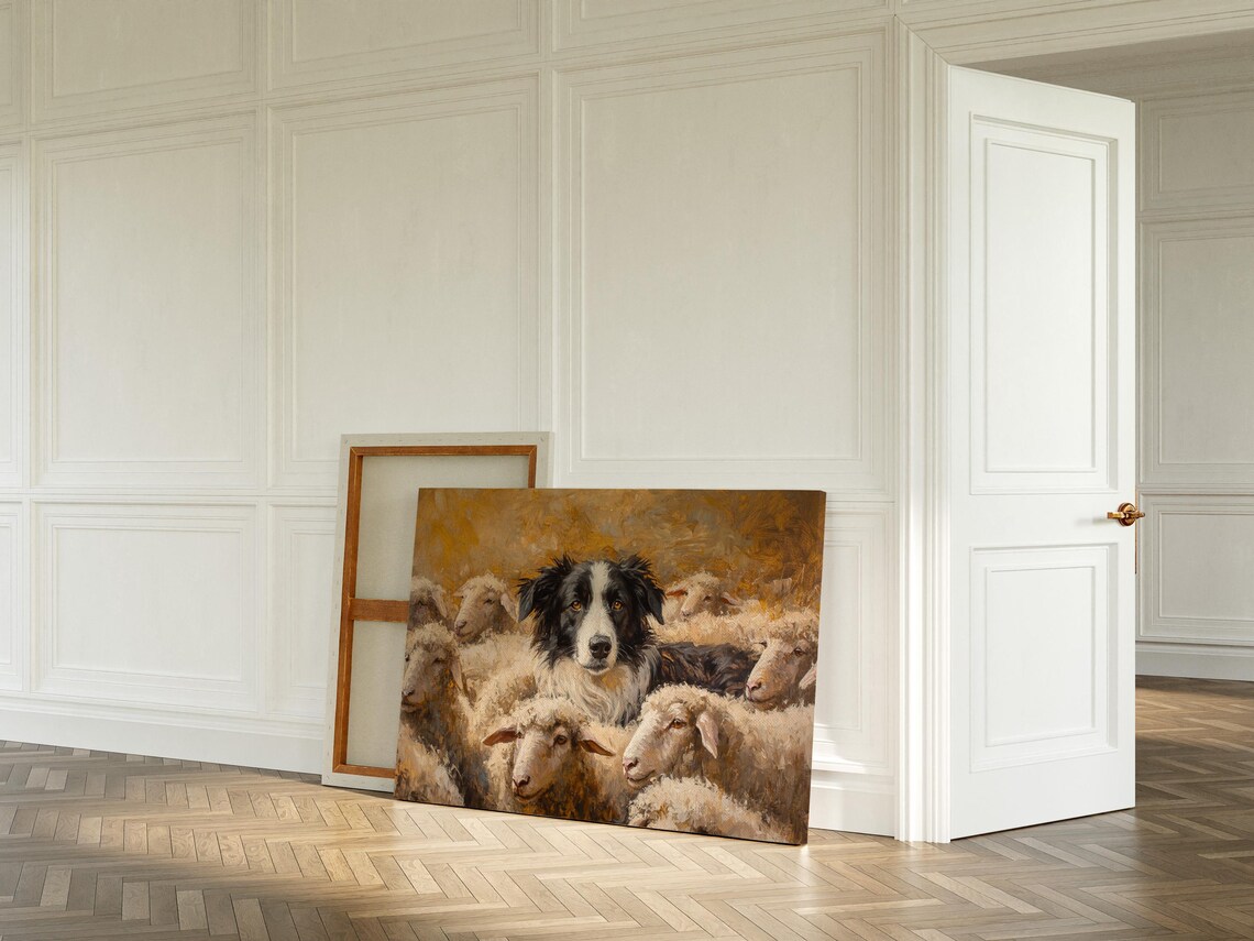 Border Collie Herding Sheep Golden Farm Animal Oil Painting Poster - Image 4