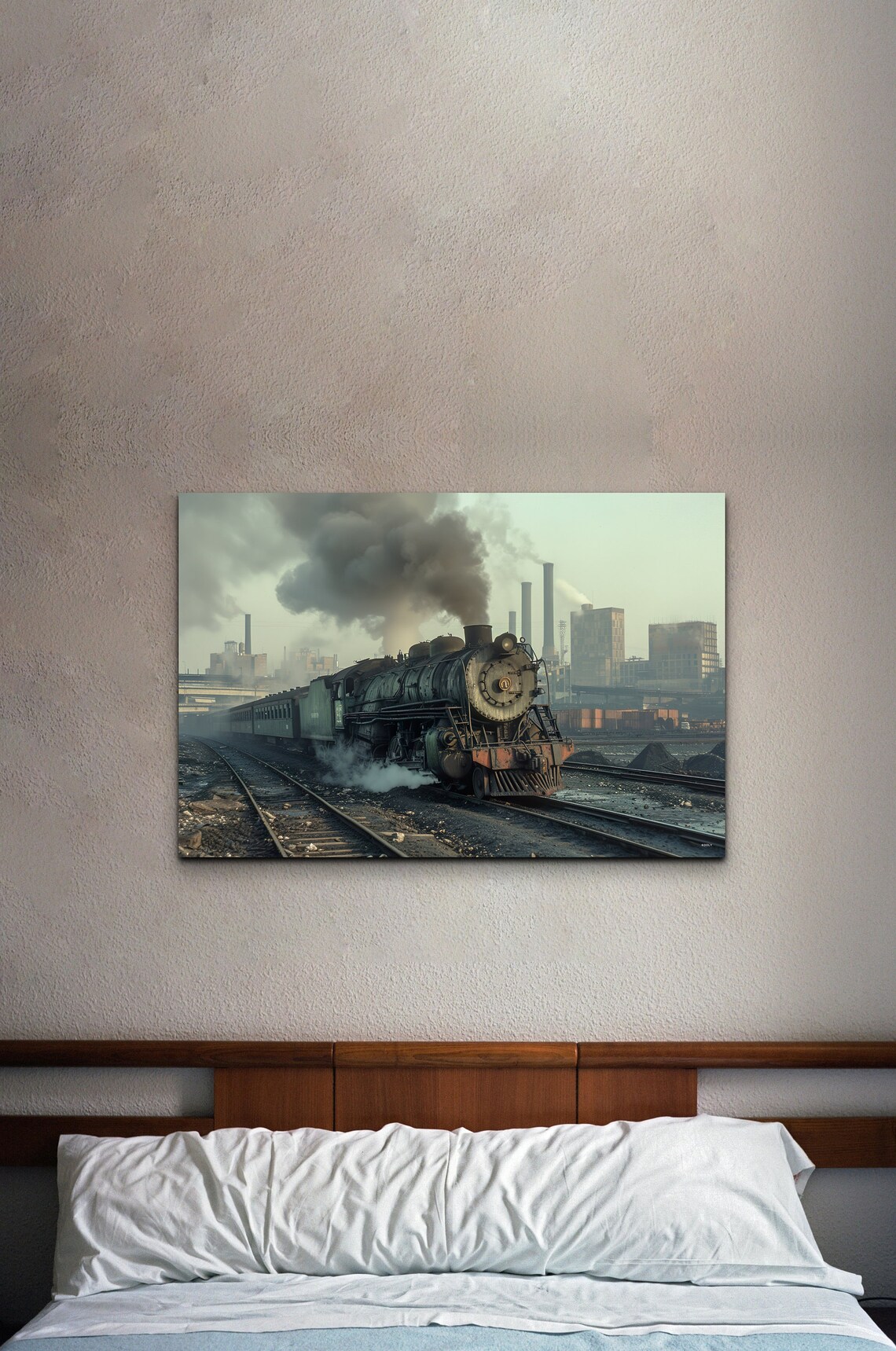 Dark Steam Locomotive Industrial Yard Moody Vintage Train Poster - Image 3
