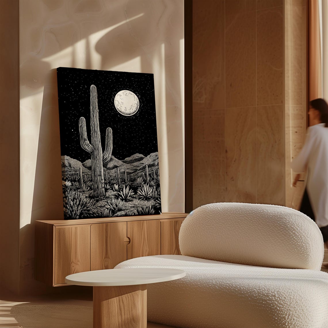 Black and White Desert Night Saguaro Under Full Moon Engraving Poster - Image 4