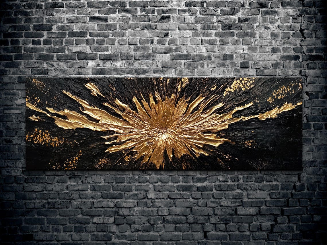 Gold Splash Burst On Black Textured Abstract Panoramic Art Poster - Image 2