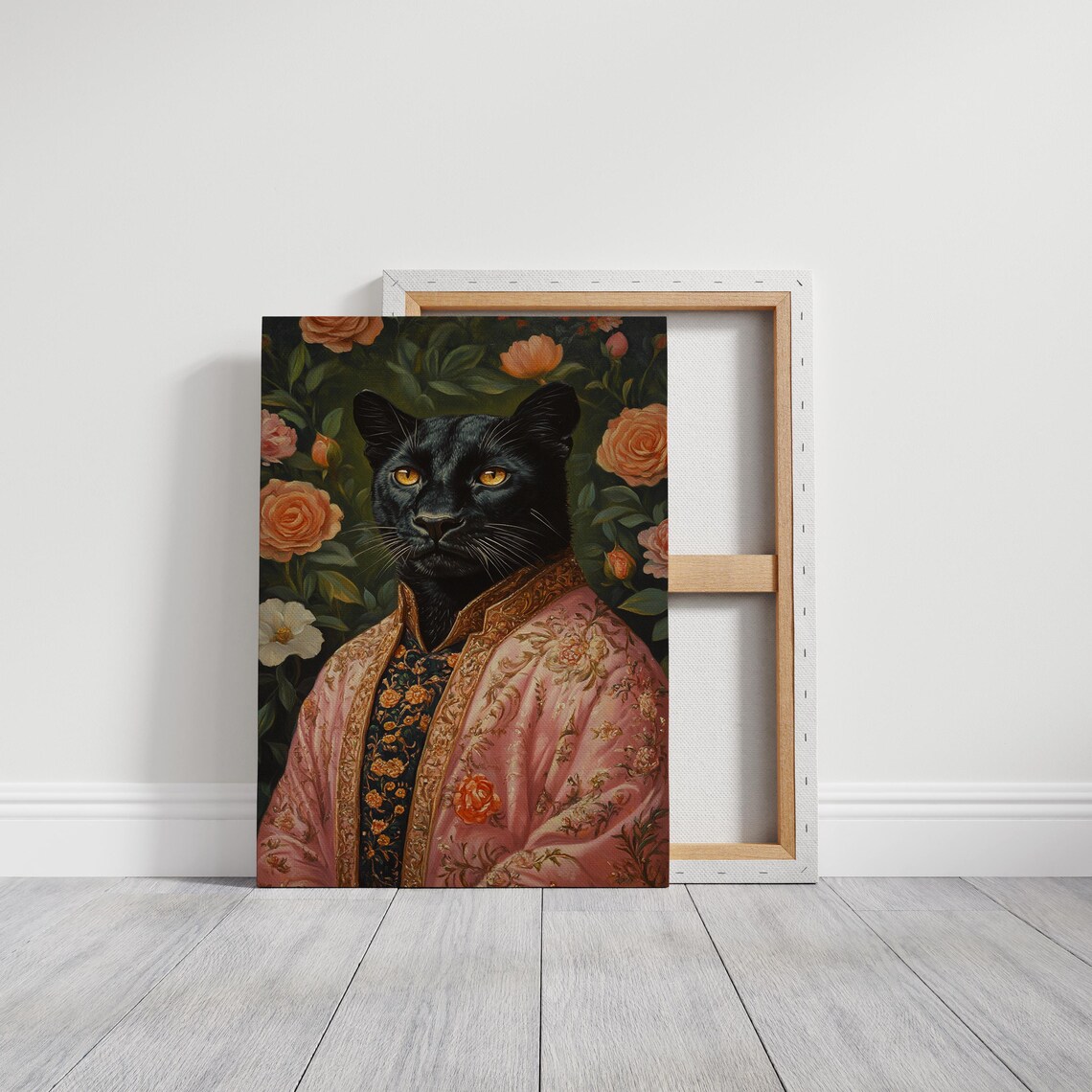 Elegant Black Panther Portrait Ornate Pink Robe Rose Floral Poster - Image 3