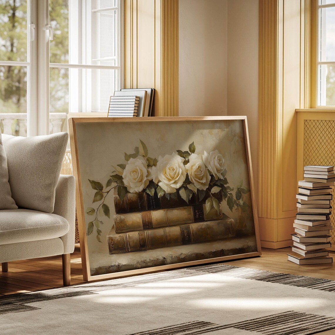 Creamy White Roses on Antique Books Neutral Elegant Wall Poster - Image 3