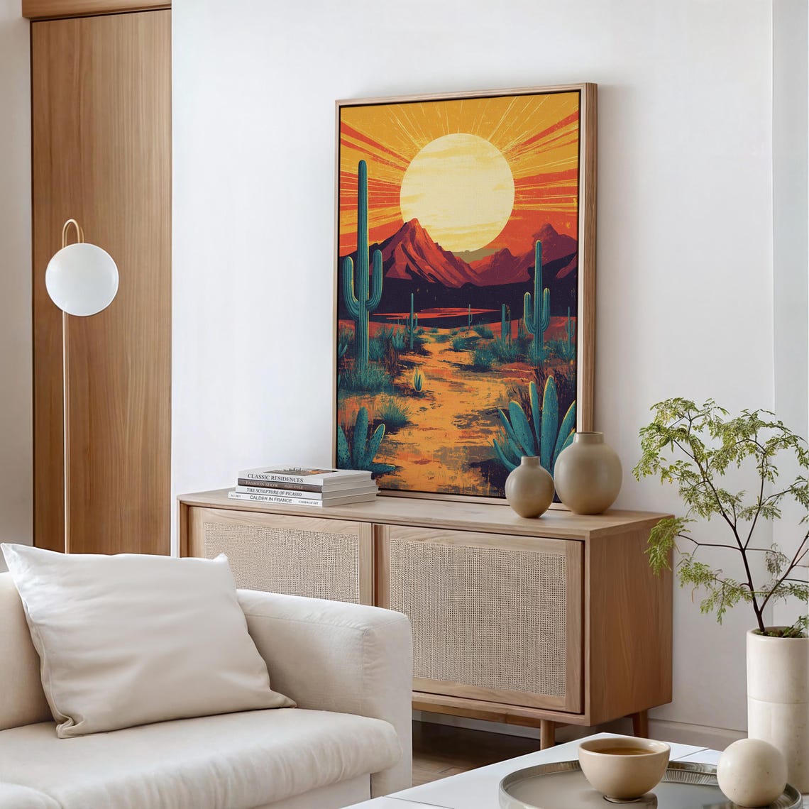 Bold Orange Sun Rising Over Red Mountain Cactus Desert Poster - Image 4